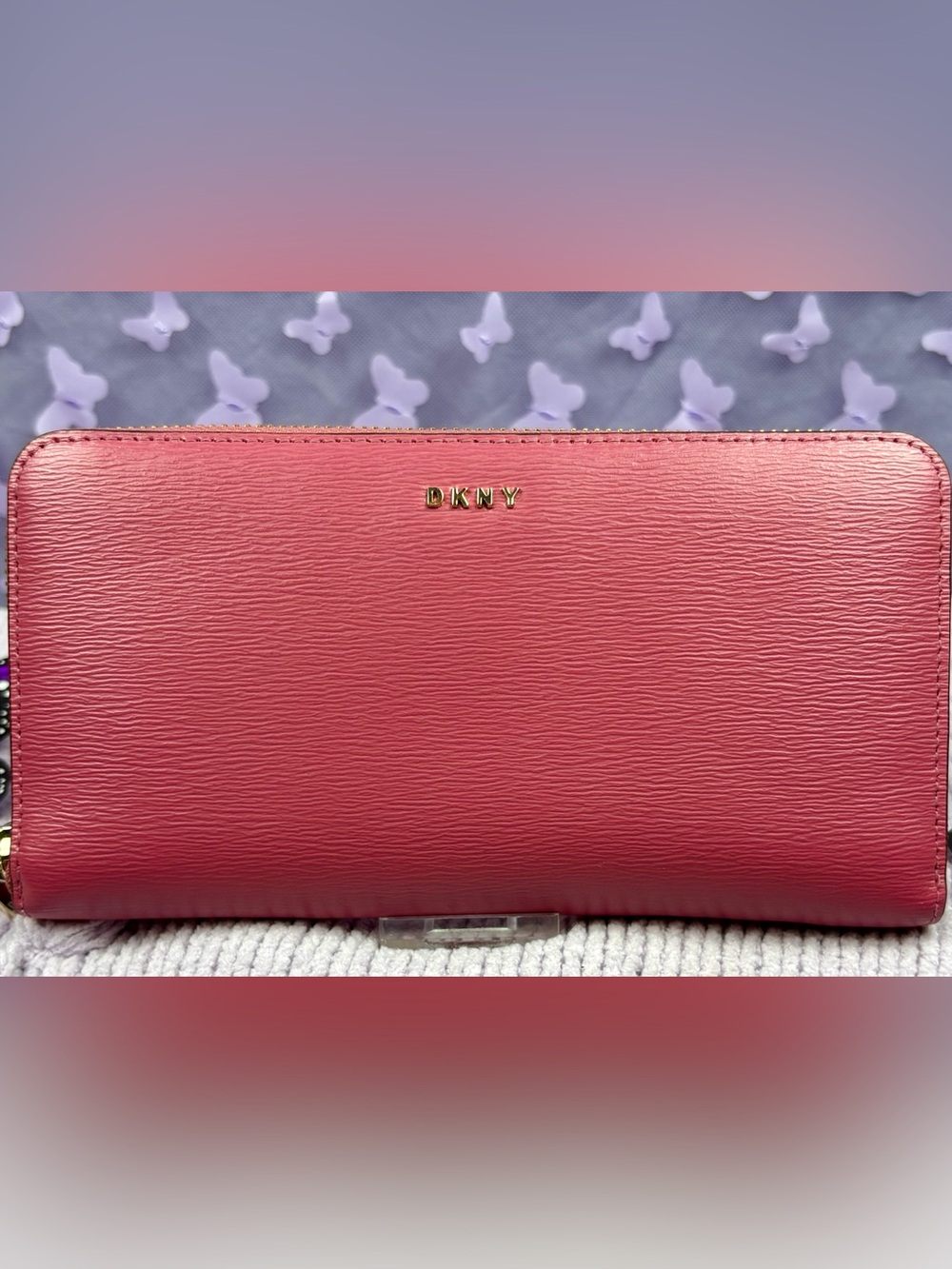 DKNY Rose Pink Saffiano Large Zip-Around Wallet with Gold Logo